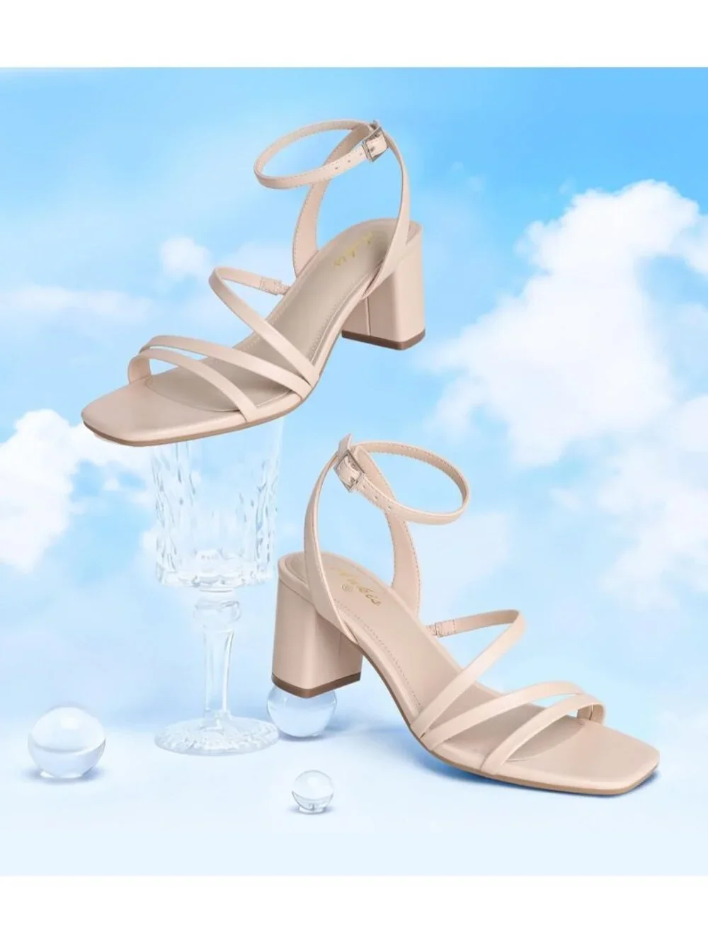 Women's Nude Adjustable Buckle Strap Square Open Toe Chunky Dressy Block Heels